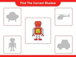 Find the correct shadow. Find and match the correct shadow of Robot Character. Educational children game, printable worksheet, vector illustration