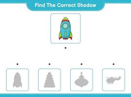 Find the correct shadow. Find and match the correct shadow of Rocket. Educational children game, printable worksheet, vector illustration