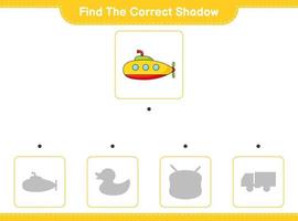 Find the correct shadow. Find and match the correct shadow of Submarine. Educational children game, printable worksheet, vector illustration