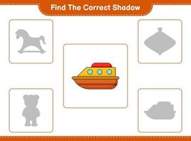 Find the correct shadow. Find and match the correct shadow of Boat. Educational children game, printable worksheet, vector illustration