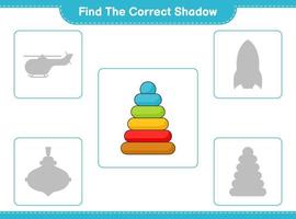 Find the correct shadow. Find and match the correct shadow of Pyramid Toy. Educational children game, printable worksheet, vector illustration