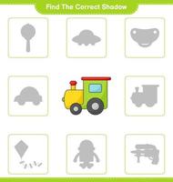 Find the correct shadow. Find and match the correct shadow of Train. Educational children game, printable worksheet, vector illustration