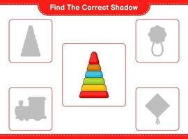 Find the correct shadow. Find and match the correct shadow of Pyramid Toy. Educational children game, printable worksheet, vector illustration