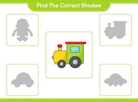 encontrar la sombra correcta. encuentra y combina la sombra correcta del tren. juego educativo para niños, hoja de cálculo imprimible, ilustración vectorial vector