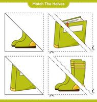 Match the halves. Match halves of Book and Rubber Boots. Educational children game, printable worksheet, vector illustration