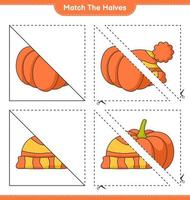 Match the halves. Match halves of Pumpkin and Hat. Educational children game, printable worksheet, vector illustration