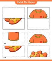 Empareja las mitades. combina las mitades de la camiseta y las pantuflas. juego educativo para niños, hoja de cálculo imprimible, ilustración vectorial vector