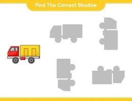 Find the correct shadow. Find and match the correct shadow of Lorry. Educational children game, printable worksheet, vector illustration
