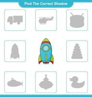 Find the correct shadow. Find and match the correct shadow of Rocket. Educational children game, printable worksheet, vector illustration