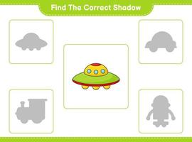 Find the correct shadow. Find and match the correct shadow of Ufo. Educational children game, printable worksheet, vector illustration