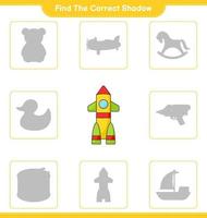 Find the correct shadow. Find and match the correct shadow of Rocket. Educational children game, printable worksheet, vector illustration