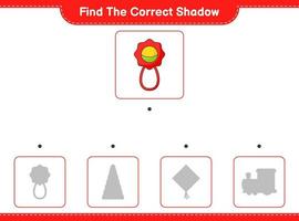 encontrar la sombra correcta. encuentra y combina la sombra correcta del sonajero. juego educativo para niños, hoja de cálculo imprimible, ilustración vectorial vector