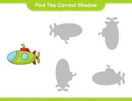 Find the correct shadow. Find and match the correct shadow of Submarine. Educational children game, printable worksheet, vector illustration