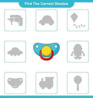 Find the correct shadow. Find and match the correct shadow of Pacifier. Educational children game, printable worksheet, vector illustration