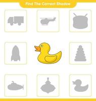 Find the correct shadow. Find and match the correct shadow of Rubber Duck. Educational children game, printable worksheet, vector illustration