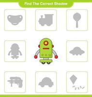 Find the correct shadow. Find and match the correct shadow of Robot Character. Educational children game, printable worksheet, vector illustration