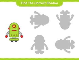 Find the correct shadow. Find and match the correct shadow of Robot Character. Educational children game, printable worksheet, vector illustration