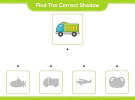 Find the correct shadow. Find and match the correct shadow of Lorry. Educational children game, printable worksheet, vector illustration