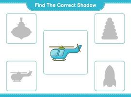 Find the correct shadow. Find and match the correct shadow of Helicopter. Educational children game, printable worksheet, vector illustration