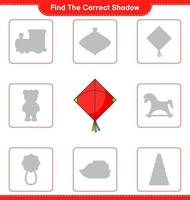 Find the correct shadow. Find and match the correct shadow of Kite. Educational children game, printable worksheet, vector illustration