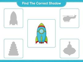 Find the correct shadow. Find and match the correct shadow of Rocket. Educational children game, printable worksheet, vector illustration