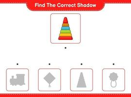 Find the correct shadow. Find and match the correct shadow of Pyramid Toy. Educational children game, printable worksheet, vector illustration