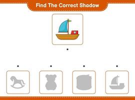 Find the correct shadow. Find and match the correct shadow of Boat. Educational children game, printable worksheet, vector illustration