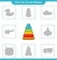 Find the correct shadow. Find and match the correct shadow of Pyramid Toy. Educational children game, printable worksheet, vector illustration