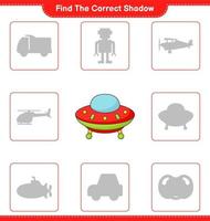 Find the correct shadow. Find and match the correct shadow of Ufo. Educational children game, printable worksheet, vector illustration