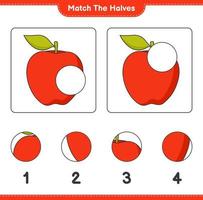 Empareja las mitades. emparejar mitades de manzana. juego educativo para niños, hoja de cálculo imprimible, ilustración vectorial vector