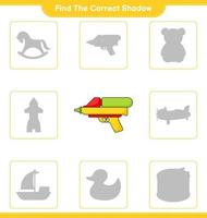 Find the correct shadow. Find and match the correct shadow of Water Gun. Educational children game, printable worksheet, vector illustration