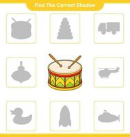 Find the correct shadow. Find and match the correct shadow of Drum. Educational children game, printable worksheet, vector illustration