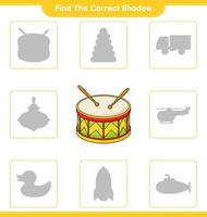 Find the correct shadow. Find and match the correct shadow of Drum. Educational children game, printable worksheet, vector illustration