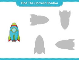 Find the correct shadow. Find and match the correct shadow of Rocket. Educational children game, printable worksheet, vector illustration