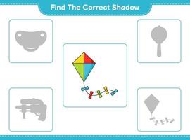 encontrar la sombra correcta. encuentra y combina la sombra correcta de la cometa. juego educativo para niños, hoja de cálculo imprimible, ilustración vectorial vector