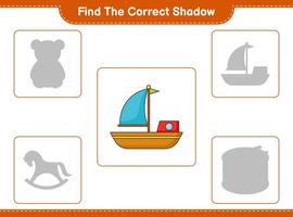 Find the correct shadow. Find and match the correct shadow of Boat. Educational children game, printable worksheet, vector illustration