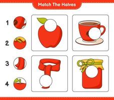 Empareja las mitades. combine las mitades de mermelada, taza de café, manzana y bufanda. juego educativo para niños, hoja de cálculo imprimible, ilustración vectorial vector