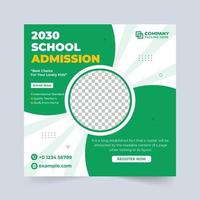 School admission social media post vector with creative round shapes. Academic course promotion template with yellow and green colors. Back to school and study purpose template design.