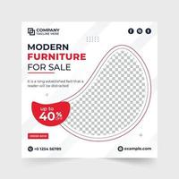 muebles modernos publicaciones en redes sociales vectores con formas abstractas. plantilla de descuento de tienda de muebles creativos con colores rojo y amarillo. banner web de negocios de muebles y vector de plantilla de publicidad.