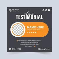 diseño testimonial de comentarios de los clientes con colores oscuros y naranjas. vector de diseño de revisión de cliente moderno con espacio de cotización. Testimonios de clientes y diseño de sección de reseñas para sitios web.