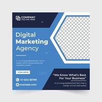 Digital marketing agency social media post template with creative shapes. Modern corporate business agency promotional web banner vector with blue and dark colors. Marketing advertisement poster.