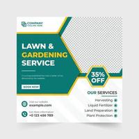 Farming and landscaping service web banner with discount offer section. Agro farm industry social media post design with blue and green colors. Gardening service advertisement template. vector