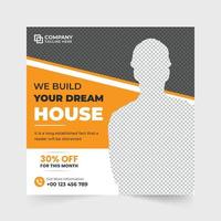 Modern house selling and construction business social media post vector. Home construction and renovation web banner for online marketing. Real estate home construction template design. vector