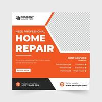 Modern home repair service template design for social media marketing. House renovation and repairing business promotional web banner vector. House construction business advertisement template. vector