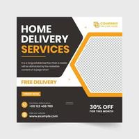 Home delivery service social media post vector with dark and orange colors. Modern home delivery service web banner design with creative shapes. Free grocery delivery promotion template vector.