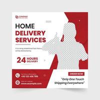 Home delivery service advertising web banner template with red and aqua colors. Modern home delivery service social media post vector. Express delivery service square template design. vector