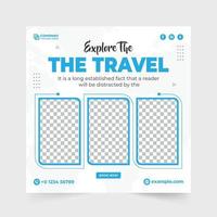 Traveling social media posts or web banner template vector with blue and green colors. Touring business agency advertisement template design. Family vacation planner agency flyer with abstract shapes.