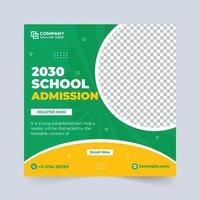 plantilla de publicación de redes sociales de admisión a la escuela creativa con formas abstractas. vector de plantilla de promoción de cursos educativos y académicos con colores verde y amarillo. diseño de banner web de registro escolar.