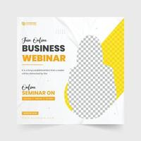 Webinar social media post vector for digital marketing. Online business advertisement template design with yellow and blue colors. Webinar template for business presentation or seminar invitations.