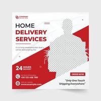 Modern home delivery business advertisement template design with blue and red colors. Grocery delivery service poster template for supermarket advertisement. Express home delivery web banner vector. vector